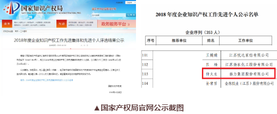 喜訊丨揚(yáng)力集團(tuán)總工程師仲太生榮獲“2018年度企業(yè)知識(shí)產(chǎn)權(quán)工作先進(jìn)個(gè)人”榮譽(yù)稱號！